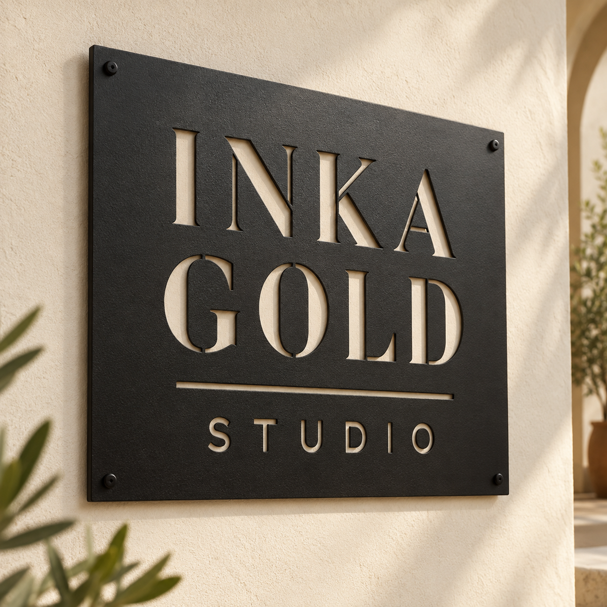 Black powder-coated laser-cut steel sign mounted on a wall