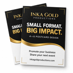 Inka Gold Productions 4 by 6 postcard design mockup in black white and gold