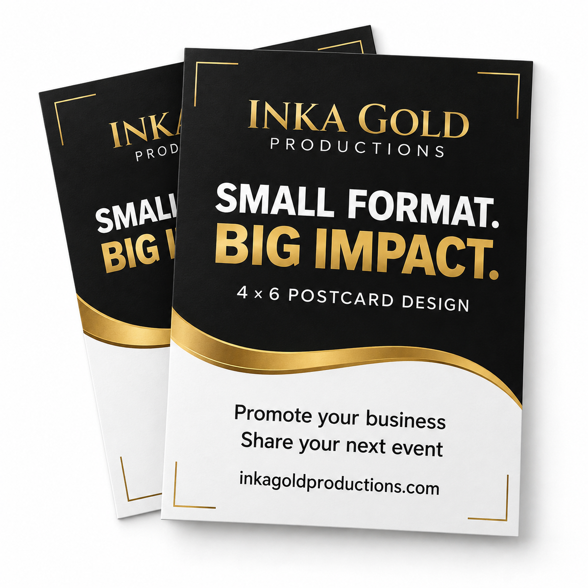 Inka Gold Productions 4 by 6 postcard design mockup in black white and gold