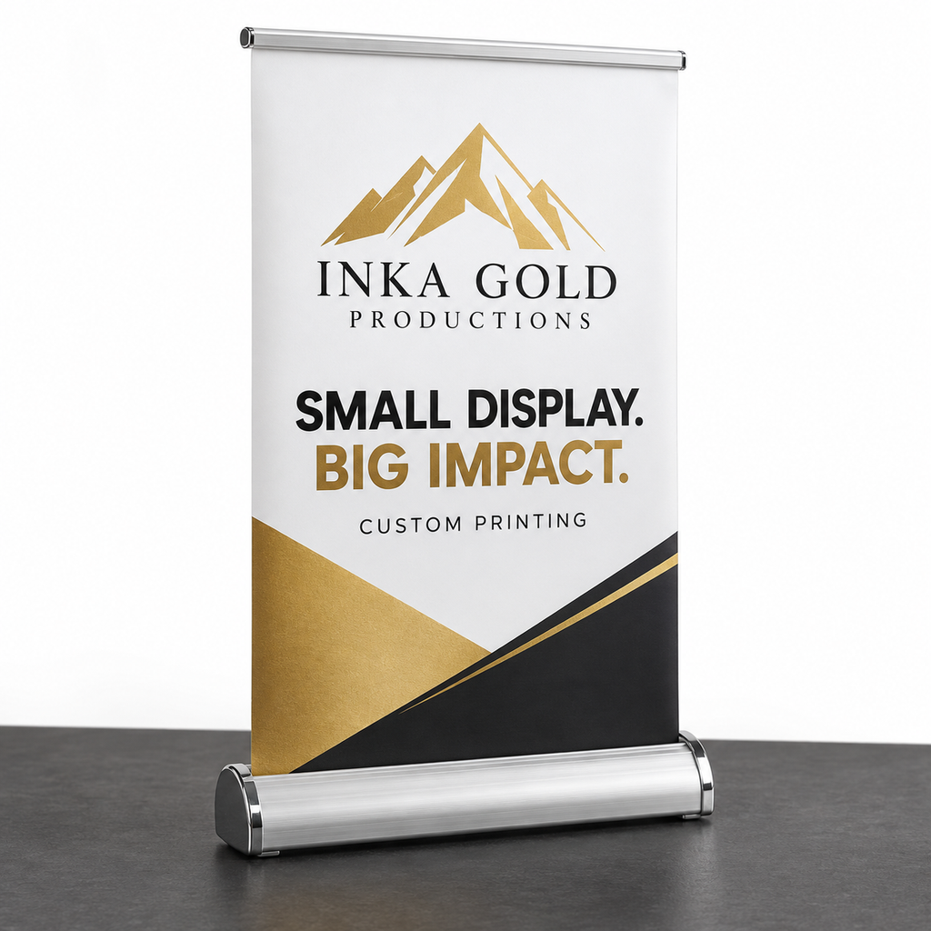 Inka Gold miniature tabletop retractable banner display in black white and gold