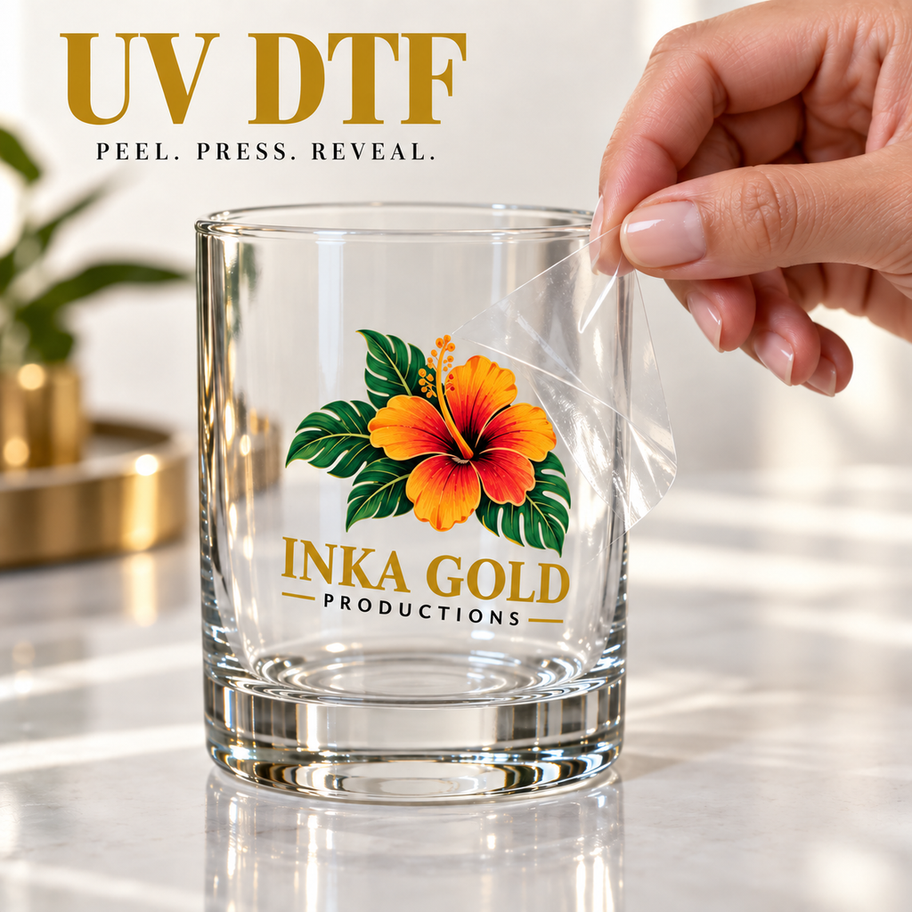 Inka Gold Productions UV DTF transfer mockup for hard surfaces; glassware shown as application examples