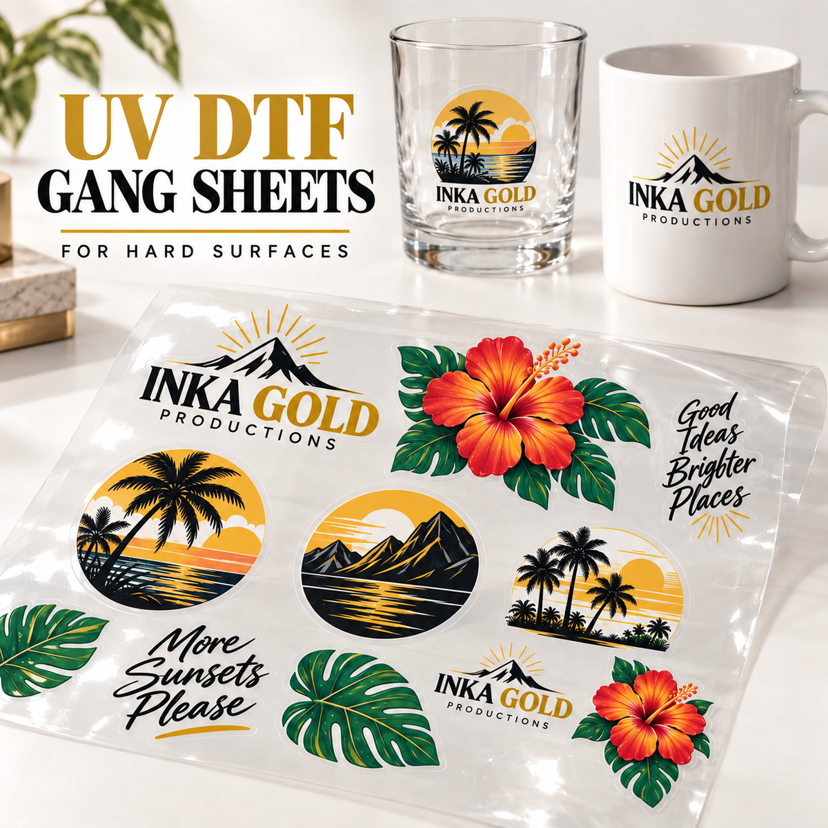 Inka Gold Productions UV DTF transfer mockup for hard surfaces; glassware shown as application examples