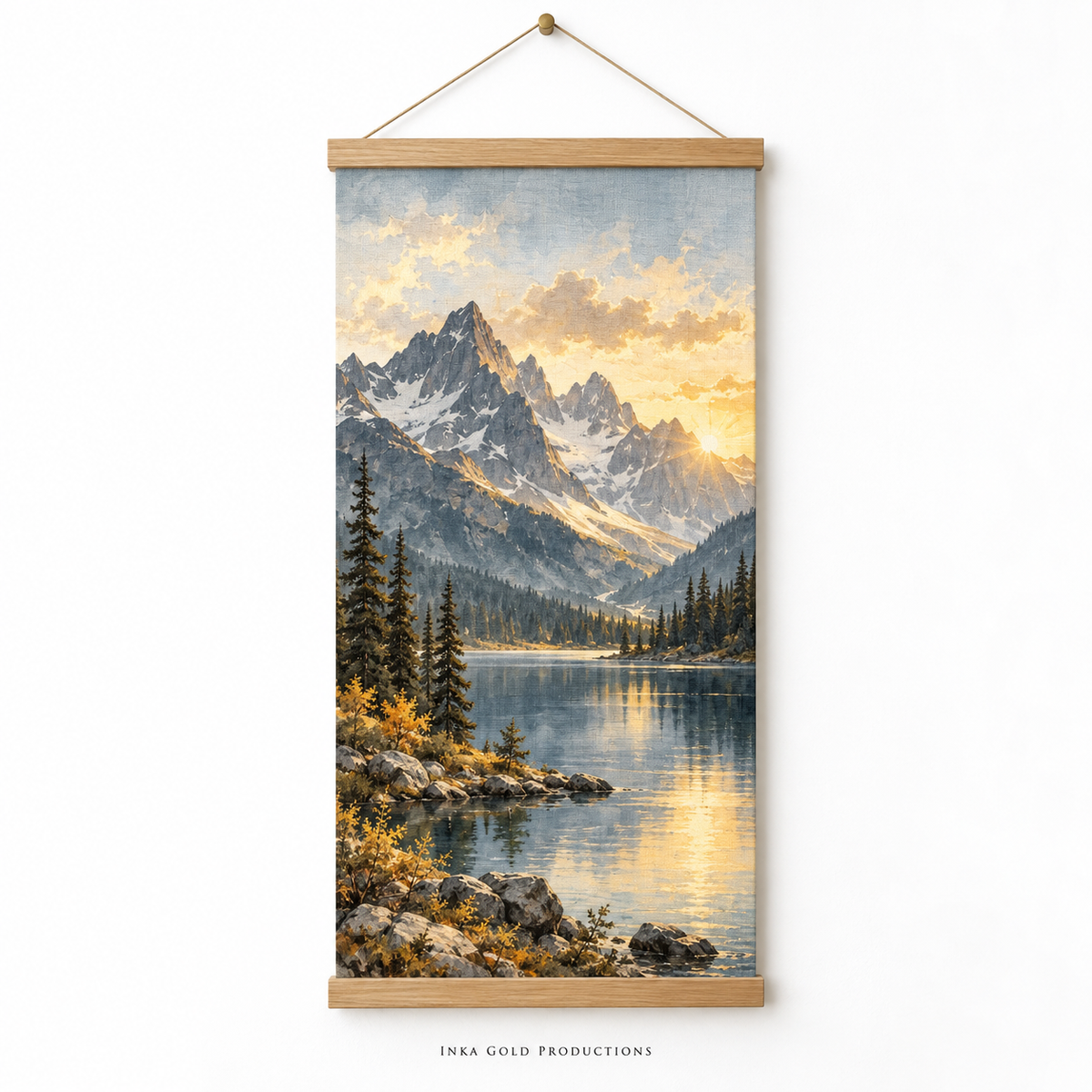 Wood frame hanger with top and bottom natural wood bars and mountain landscape canvas