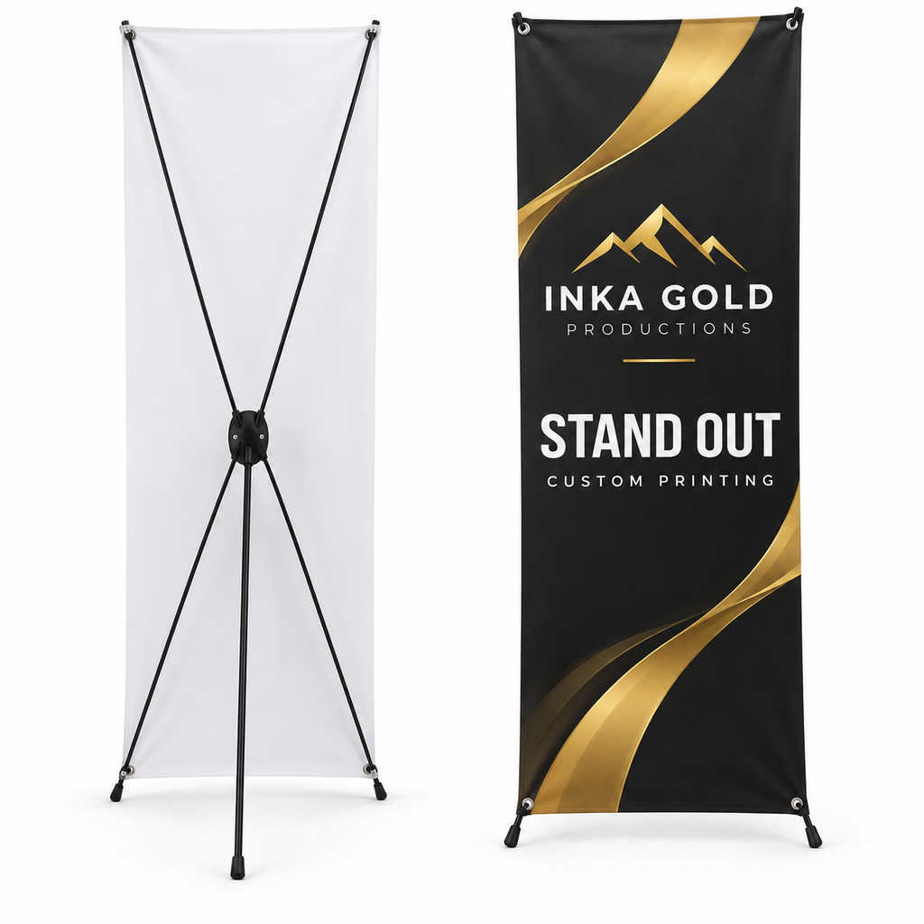 Front and rear views of an Inka Gold X-banner stand with black and gold printed graphic