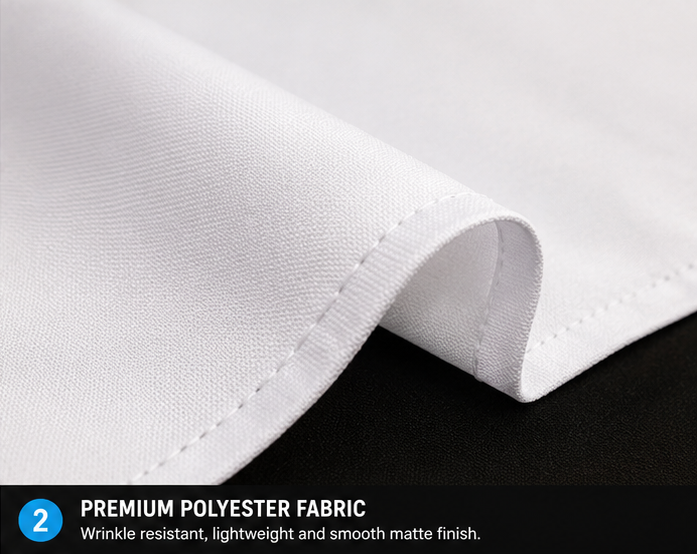 Close-up of premium wrinkle-resistant polyester fabric banner material with a smooth matte finish for custom full color printing.