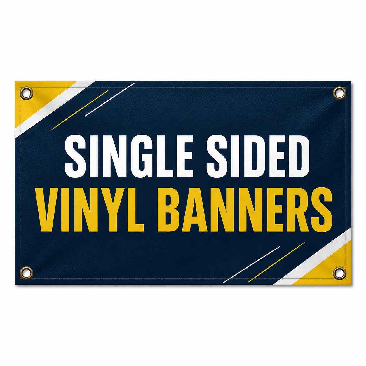 Single sided custom vinyl banner with full color printing, reinforced edges and metal grommets for indoor and outdoor advertising.