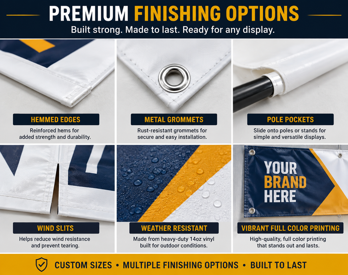 vinyl banner finishing options showing reinforced hems, metal grommets, pole pockets, wind slits, weather-resistant vinyl and full-color printing.
